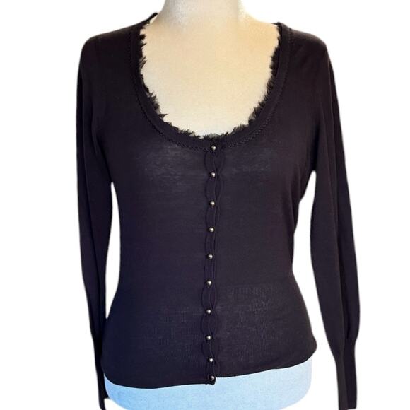 Tahari Deep Scoop Neck Brown Lightweight Cotton/Silk Cardigan - Large - Picture 1 of 8